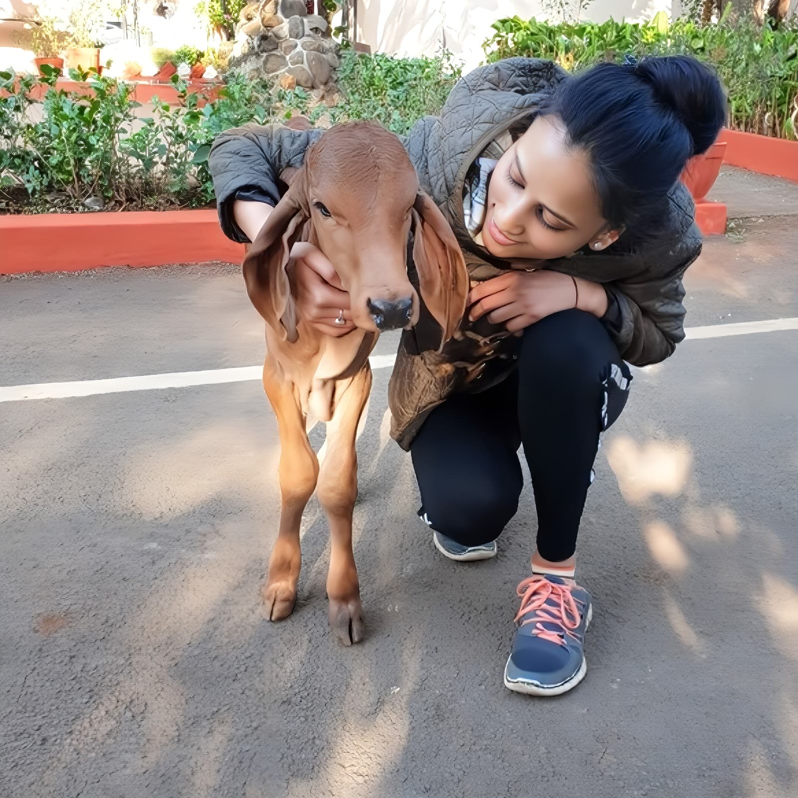 Suruchi Mittal with a young calf — rooted in nature
